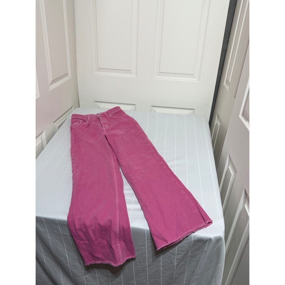 Zara Magenta Pink High Waisted Wide Leg Raw Hem Jeans Size 2 US 34 EUR